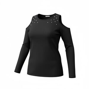 Como Blu Black Studded Shoulder Top Size L/G | Cold Shoulder Long Sleeve Blouse